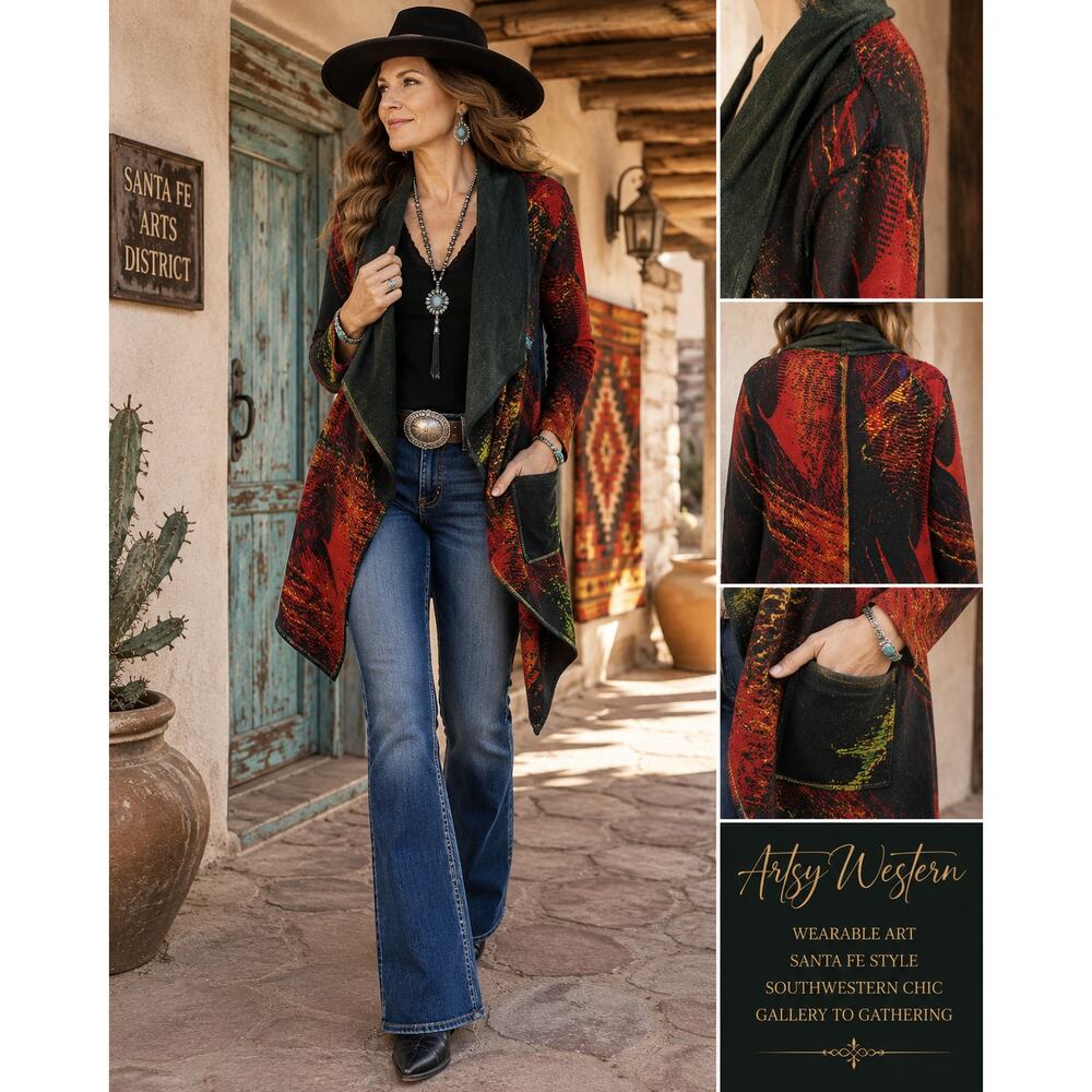 KAKTUS Womens XL NWT Abstract Waterfall Cardigan Art Wear Open Front Pockets - Picture 8 of 12